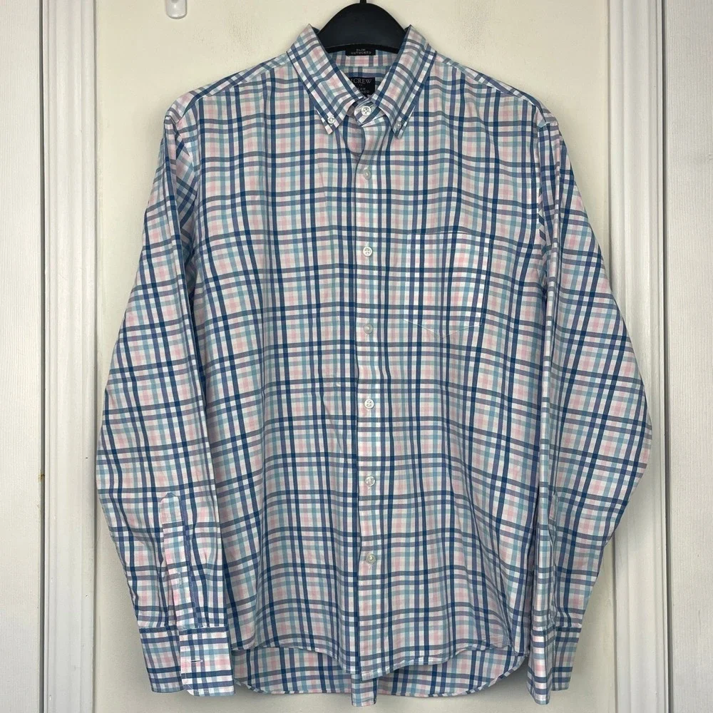 J.Crew Flex Washed Slim UNTUCKED‎ Mens L Button Down Shirt Blue Pink Plaid AR505